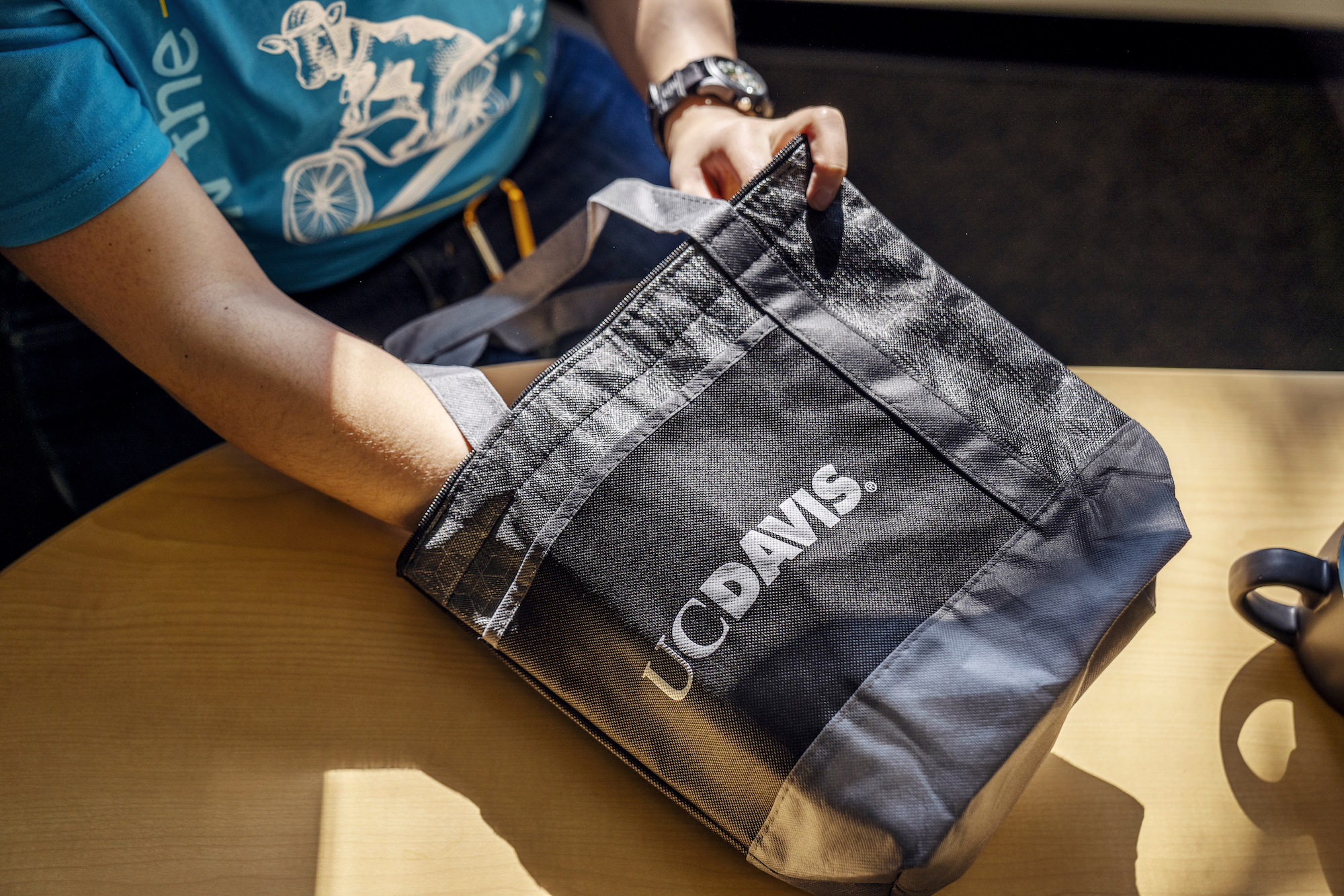 Hands reaching into UC Davis lunch tote.